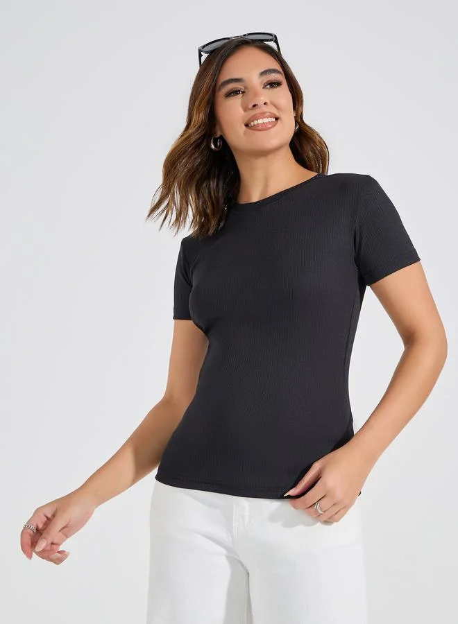 Styli Ribbed Fitted Round Neck Plain T-Shirt